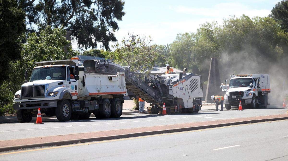 Caltrans crews on Santa Rosa Street just north of Murray Street, grinding pavement. Construction work along Highway 1 was expected to close lanes and likely slow traffic through parts of San Luis Obispo the first week of June 2024.