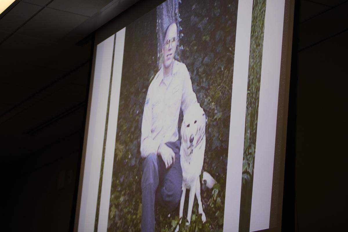 Wayne Behrens and his dog, Sierra, are shown on a projector to the juries overseeing the Kristin Smart murder trial in Monterey County Superior Court on Aug. 16, 2022. Behrens and his dog, Sierra, helped with law enforcement searches for Smart in 1996.