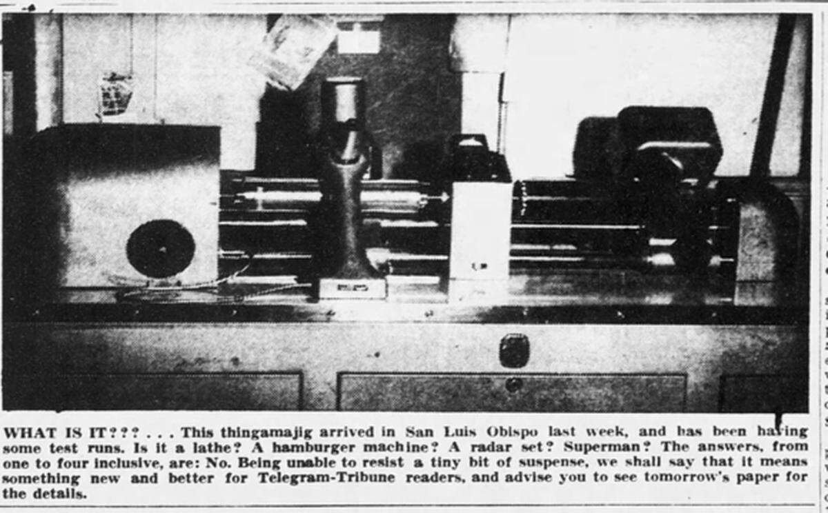 The Telegram-Tribune teased readers on Oct. 24. 1950, and revealed in a next day story about the availability of a Fairchild engraver that would allow the newspaper more timely photos in print. Before it would take days for local photos to be engraved elsewhere and returned.