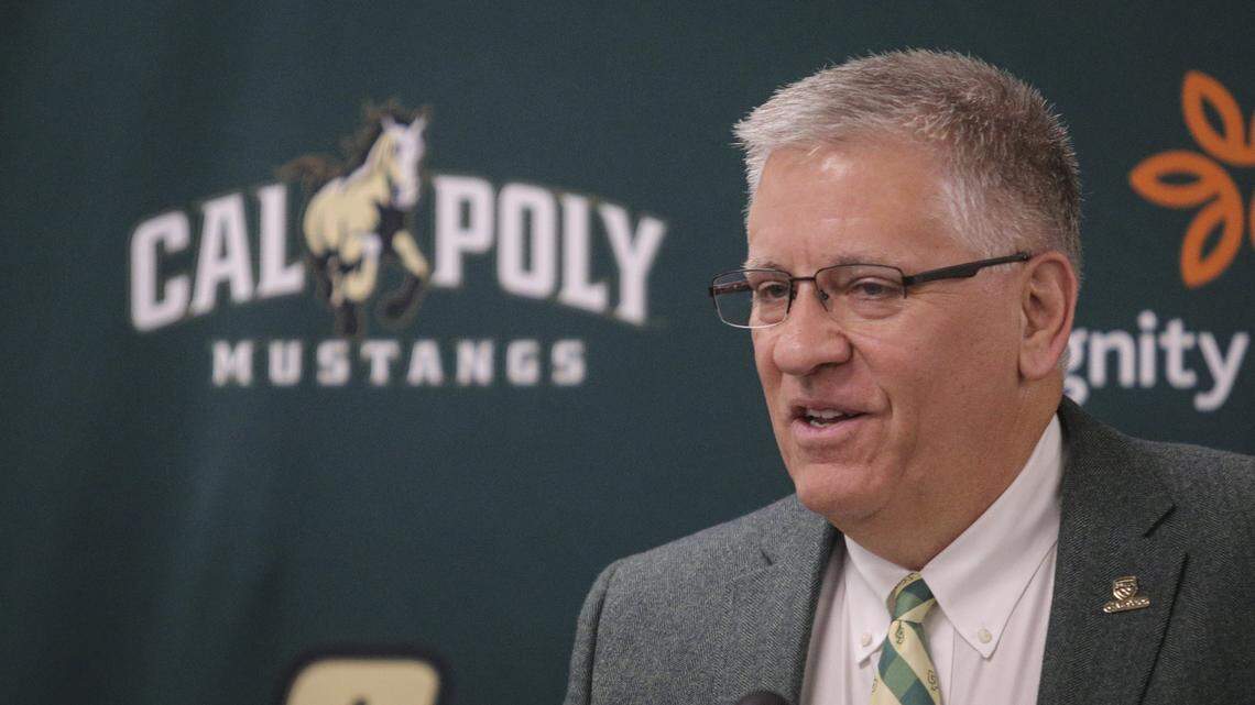 Cal Poly President Jeffrey Armstrong, speaks as the first ever had coach of the new women's flag football program was introduced at Cal Poly on March 4, 2026.