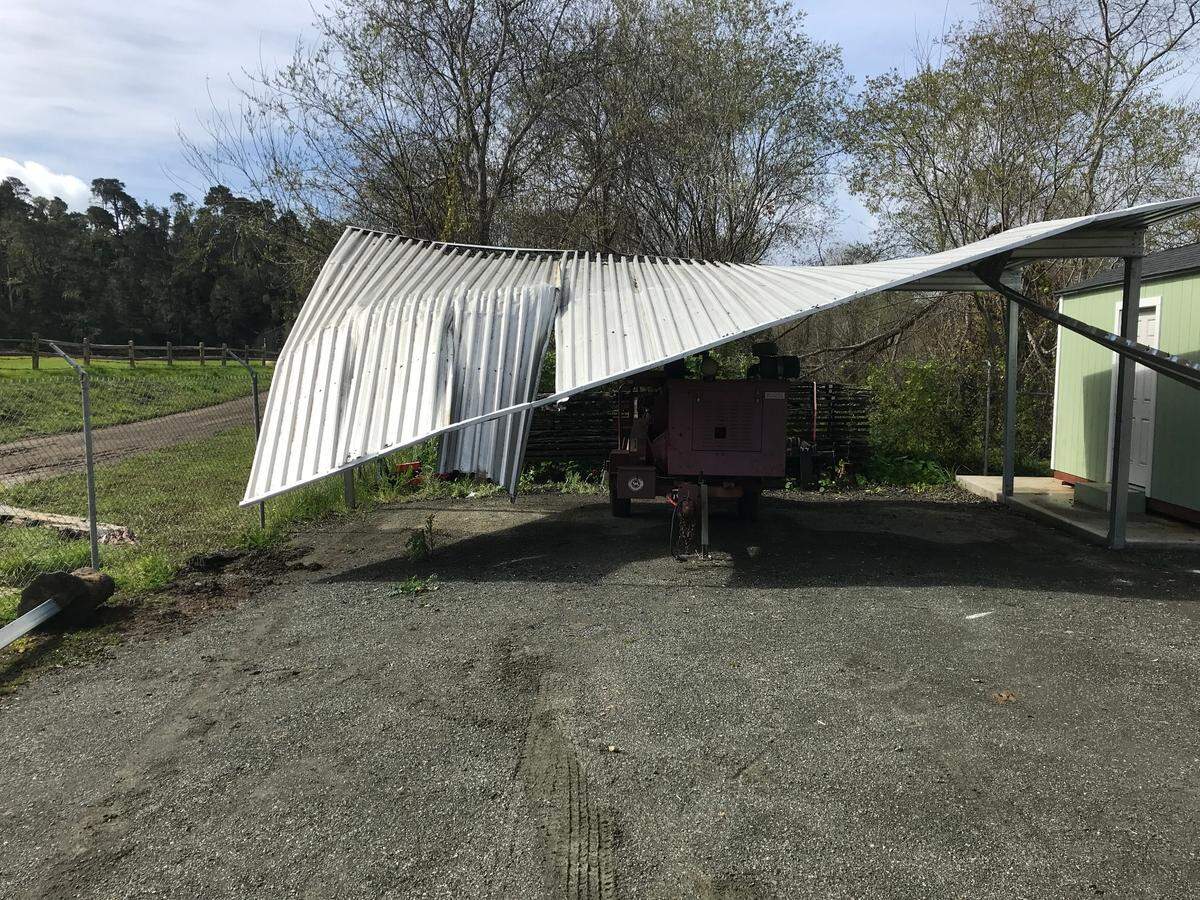 This storage shed at the Cambria Community Services District utility yard on Rodeo Grounds Drive was allegedly damaged on Sunday, Feb. 26, 2023, by a man accused of stealing a district pickup truck and ramming gates at Hearst Castle in San Simeon before barricading himself in one of the estate’s guest houses.