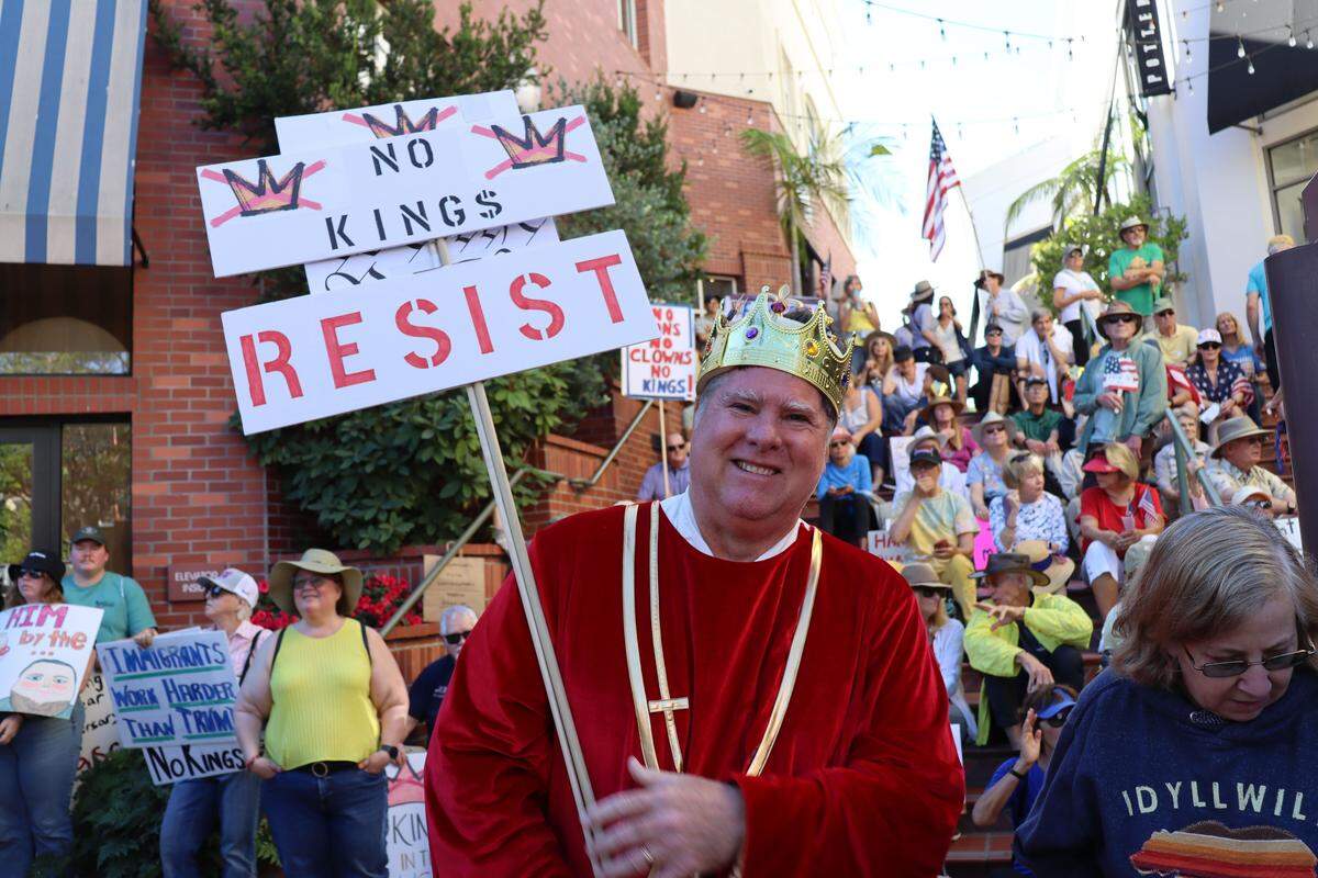 Thousands of people attended the No Kings rally in downtown San Luis Obispo to protest the Trump administration and support Prop. 50 on Oct. 18, 2025.