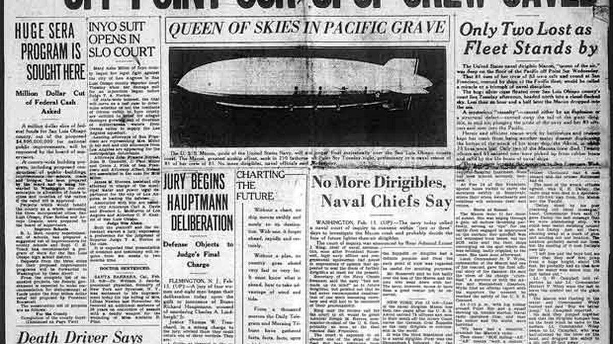 Feb. 13, 1935 San Luis Obispo Daily Telegram documents the final flight of the dirigible USS Macon.