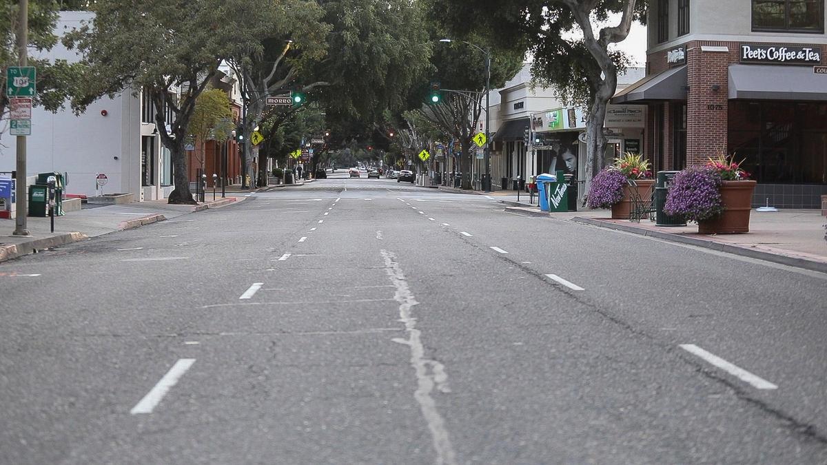The usually busy streets in downtown San Luis Obispo were virtually empty Thursday night after the county’s shelter-at-home order went into effect at 5 p.m. This is a view of Higuera Street from Osos Street.