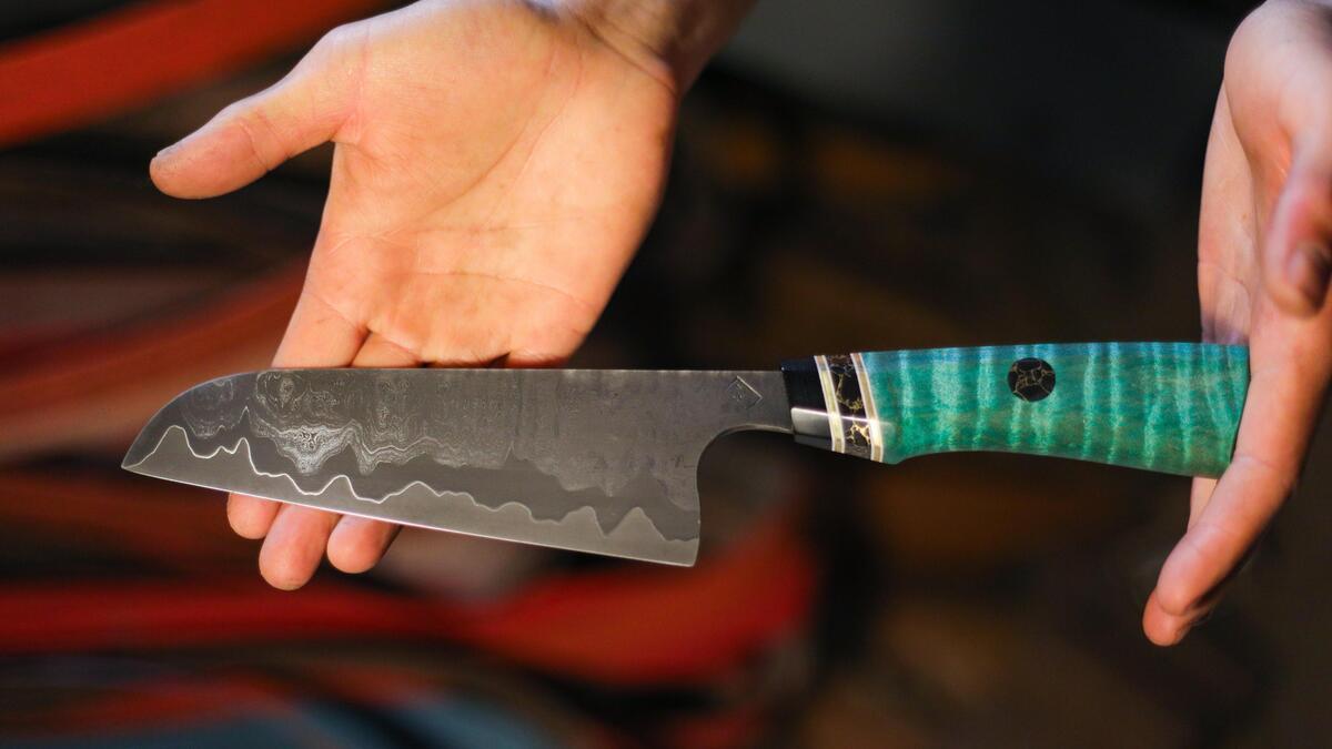 Bladesmith and Nipomo resident Cameron Alarcio holds a knife that he made. Alarcio is appearing on the History show “Forged In Fire” on Wednesday, Dec. 11, 2019.