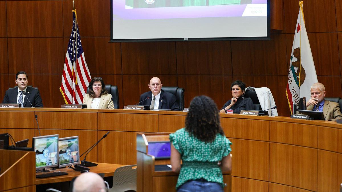 San Luis Obispo County Supervisors meet from left Jimmy Paulding, Debbie Arnold, John Peschong, Dawn Ortiz-Legg, Bruce Gibson listening to public comment from Kaylee Ellis on Feb. 7.