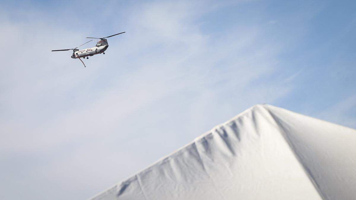 A dual rotor helicopter lifts off from Santa Margarita Ranch on Aug. 7, 2025. A fire camp was assembled there to serve thousands of firefighters battling the Gifford Fire.