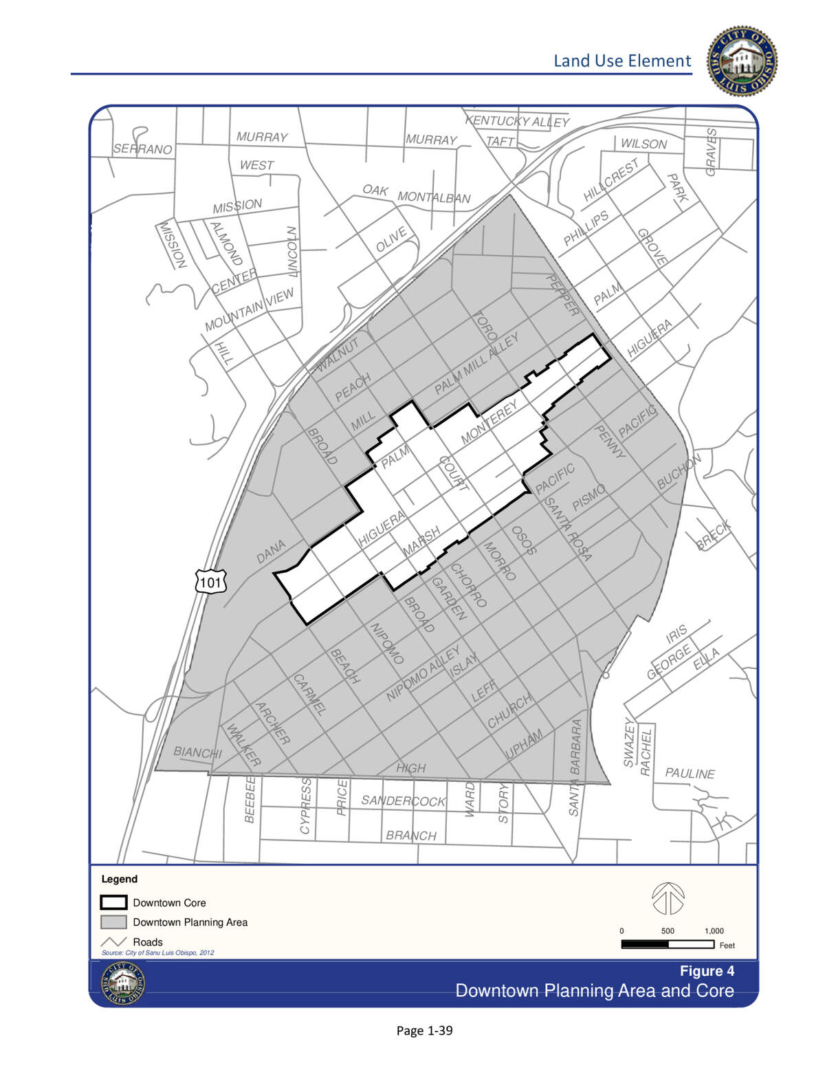 The San Luis Obispo downtown core’s Downtown Commercial (C-D) and Retail Commercial (C-R) development zones could be used to upgrade the stock of high-density housing units.