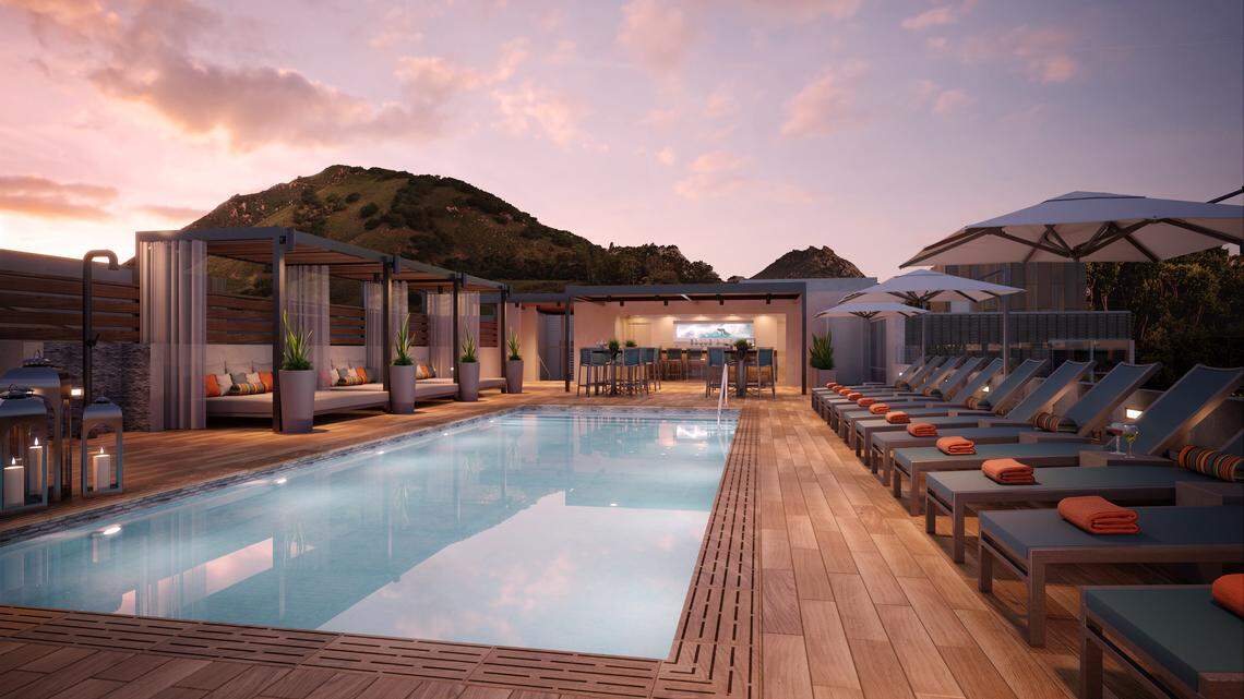 A rendering shows the rooftop pool at Hotel Serra, complete with views of the surrounding hills.