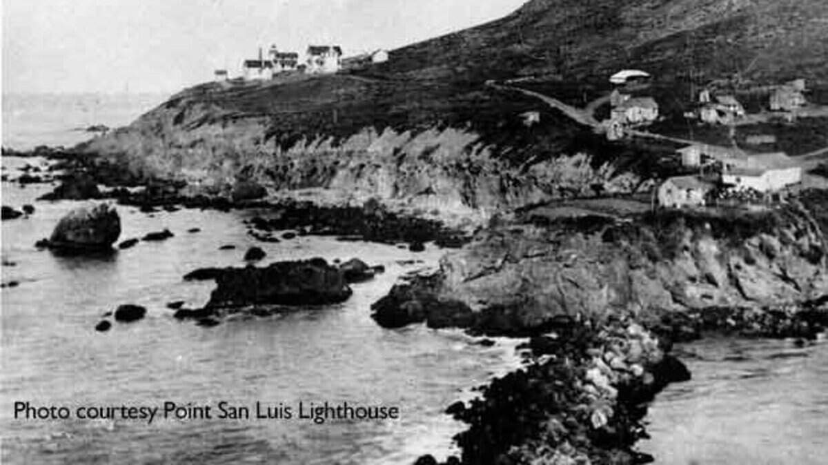 This whaling village located on mainland near Port San Luis operated from 1890-1896 when the operation was evicted in a dispute between whaler and lighthouse keeper. Point San Luis Lighthouse at left.