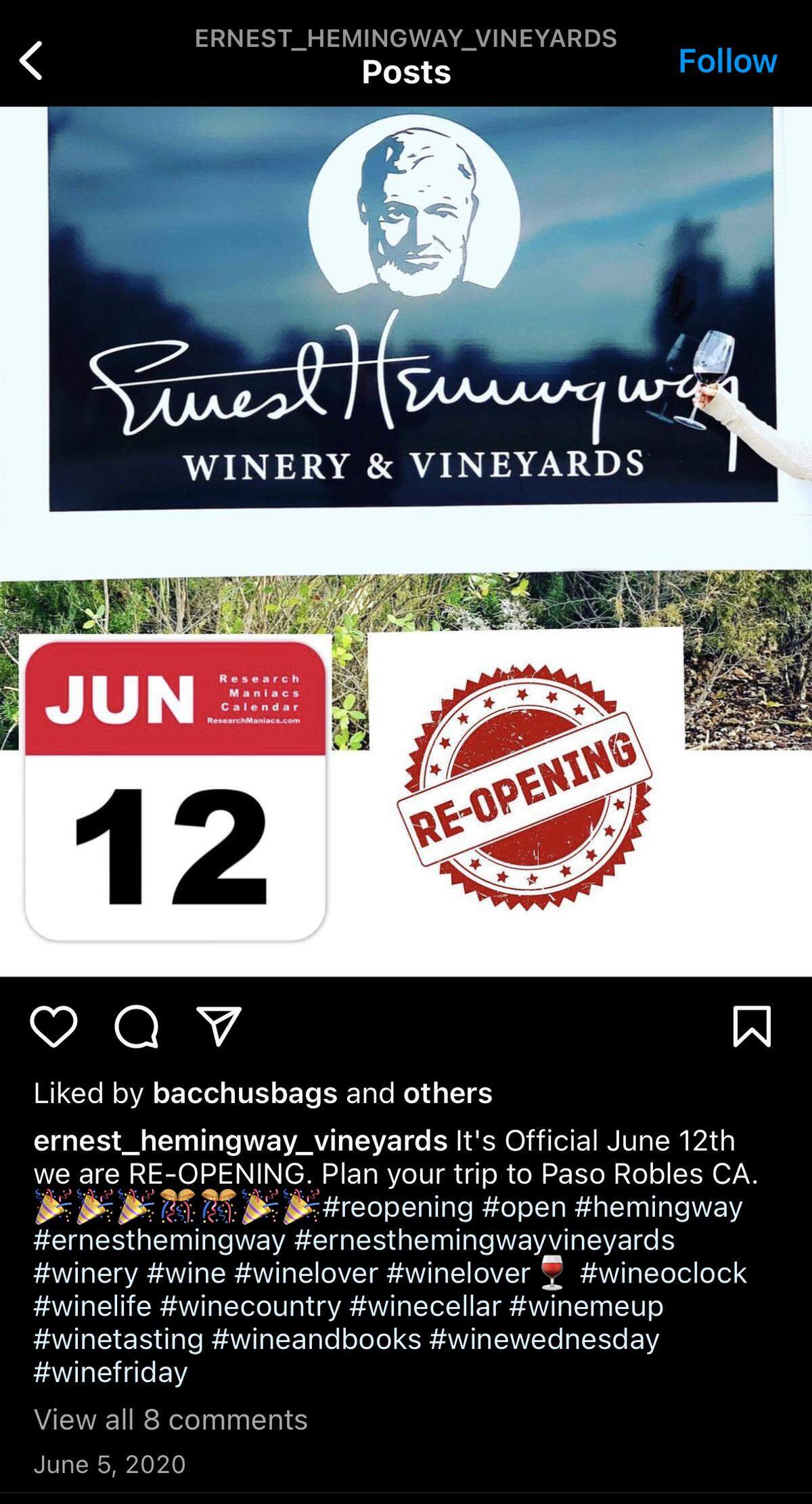 A screenshot of Ernest Hemingway Vineyard’s Instagram shows the vineyard held a re-opening event June 12, 2020.