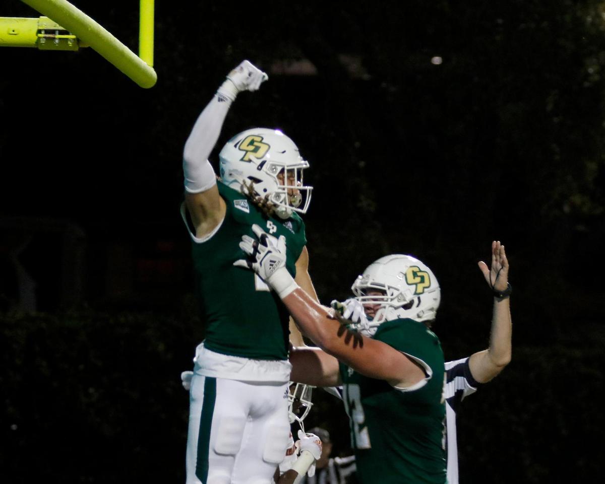 Cal Poly wide receiver Xavier Moore celebrates after scoring a touchdown in the Mustangs’ 32-29 win over Idaho State at Alex G. Spanos Stadium on Nov. 13, 2021.