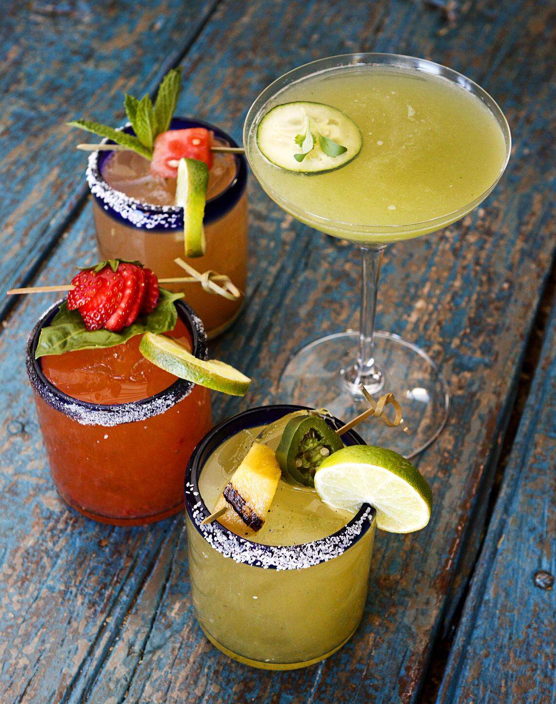 Margarita options at Fish Gaucho in Paso Robles are, clockwise from top right, cilantro cucumber, pineapple jalapeÃ±o, strawberry basil and watermelon mint.