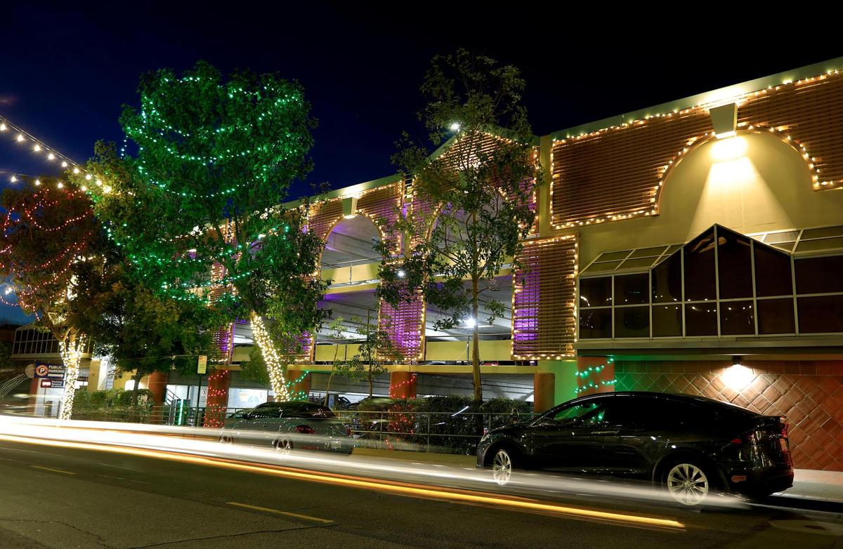 The Palm Street parking garage in downtown San Luis Obispo is covered in lights. San Luis Obispo’s Light Up Downtown event is happening through Jan. 10, 2021.