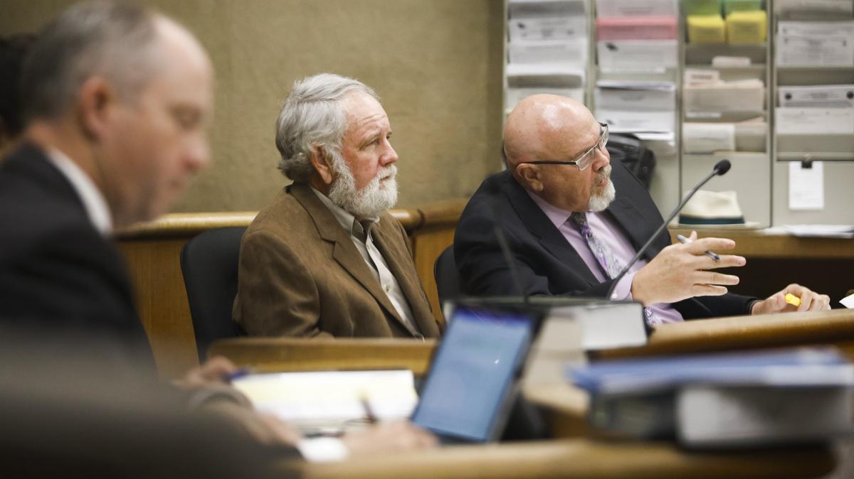 Defense attorney Ilan Funke-Bilu, right, questions a witness during the preliminary hearing for Herbert George Connor, 72, center, of Cambria, who was on trial for felony charges of assault with intent to commit rape, sexual battery and corporal injury.