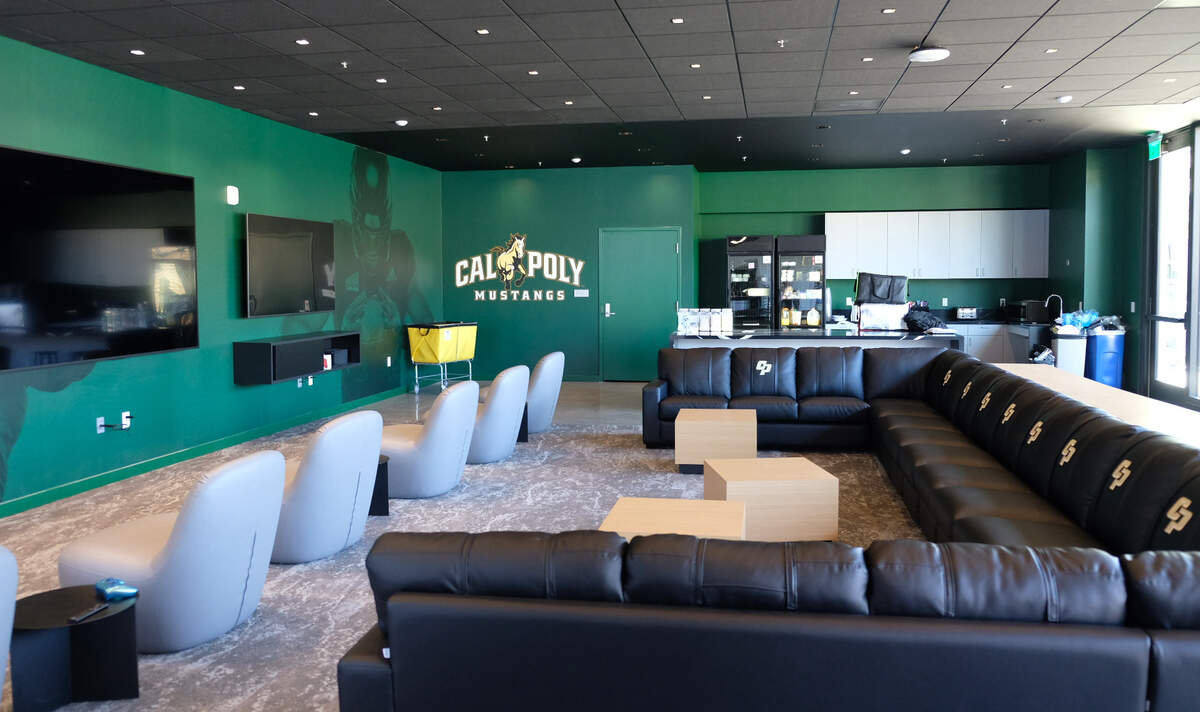 Cal Poly’s newly unveiled John Madden Football Center features a main gathering space for players to relax in their downtime, seen here on June 5, 2026.