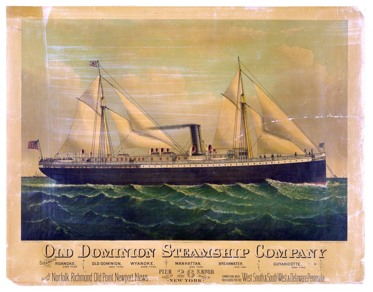 A print of a steamer, likely the Roanoke, then owned by the Old Dominion Steamship Company. Built in 1882, the steam ship sank near San Simeon in 1916 and 50 aboard died. There were only three survivors.