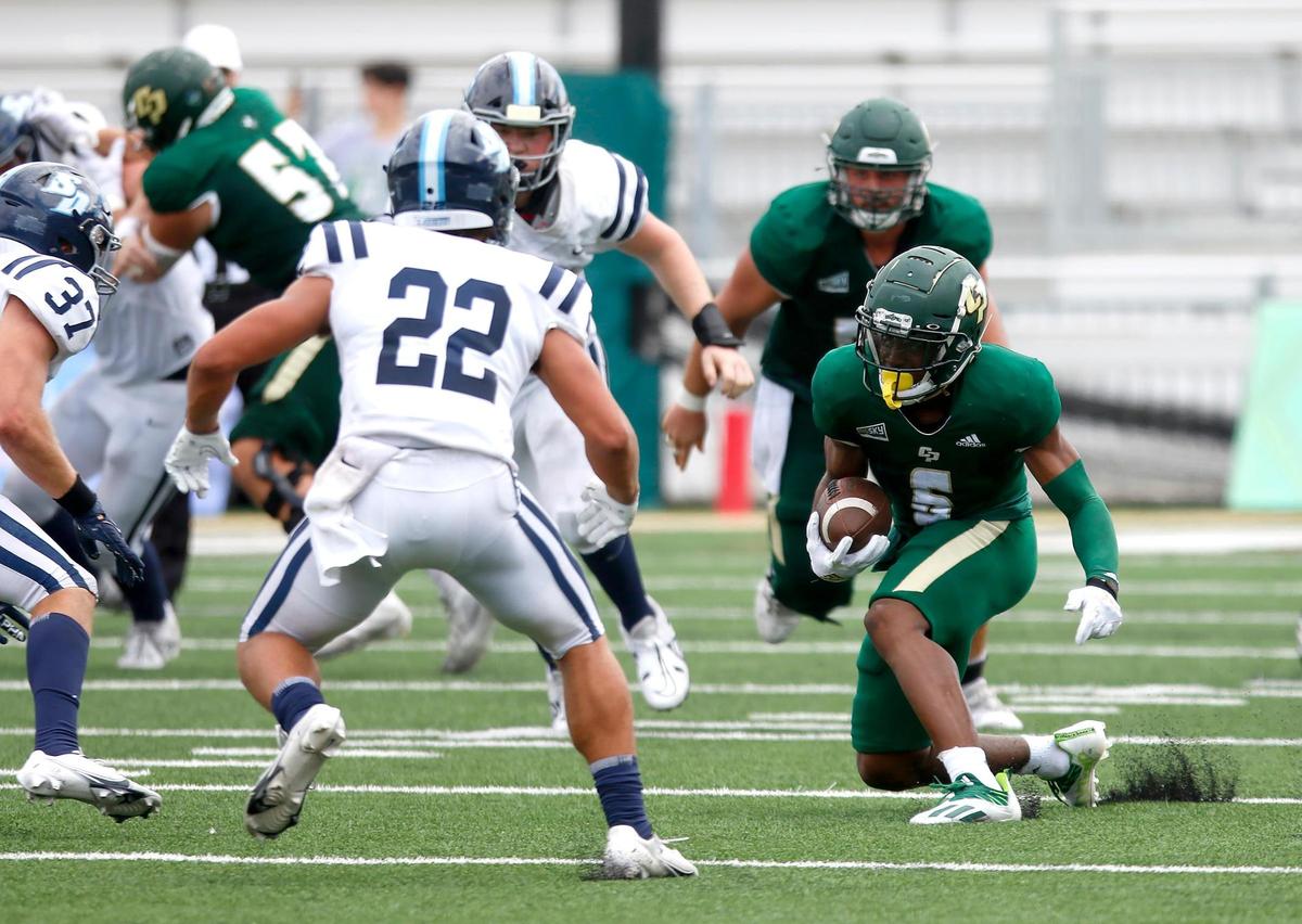 Cal Poly receiver Chris Coleman (6) catches a pass in the Mustangs’ 28-27 comeback win over the University of San Diego at Alex G. Spanos Stadium in San Luis Obispo on Saturday, Sept. 10, 2022.
