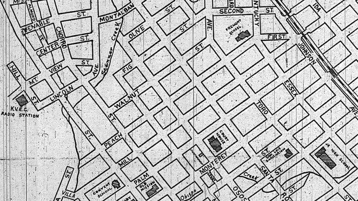 A July 4, 1941, map of San Luis Obispo from the Telegram-Tribune. Sycamore street has been renamed Walnut. Two decades later in the late 1950s, Highway 101 would obliterate two streets, Fig and part of Olive.
