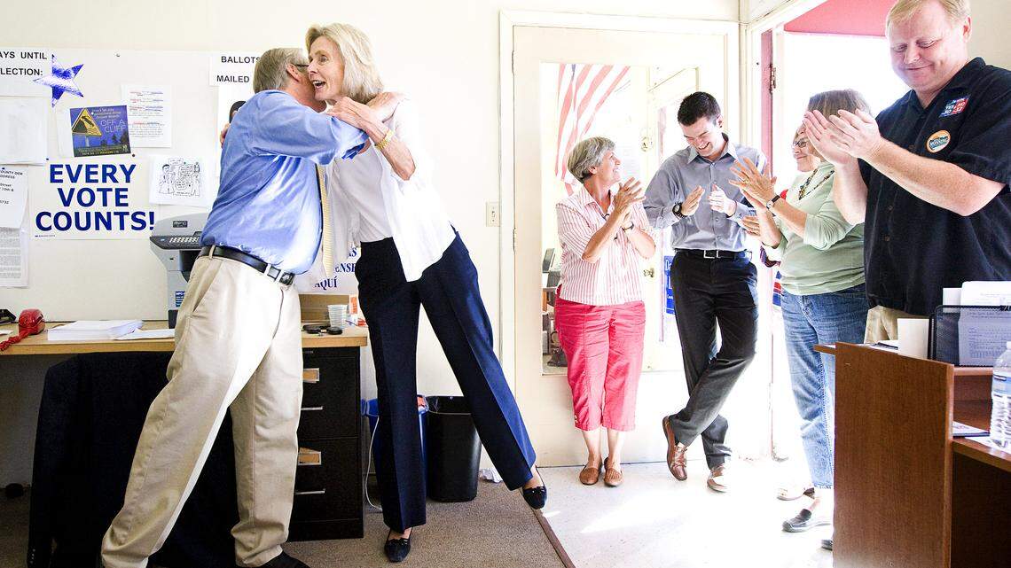U.S. Rep. Lois Capps hugs state Senate candidate Bill Monning on Tuesday as the pair made a visit to Capps' SLO County campaign headquarters on Broad Street in San Luis Obispo.