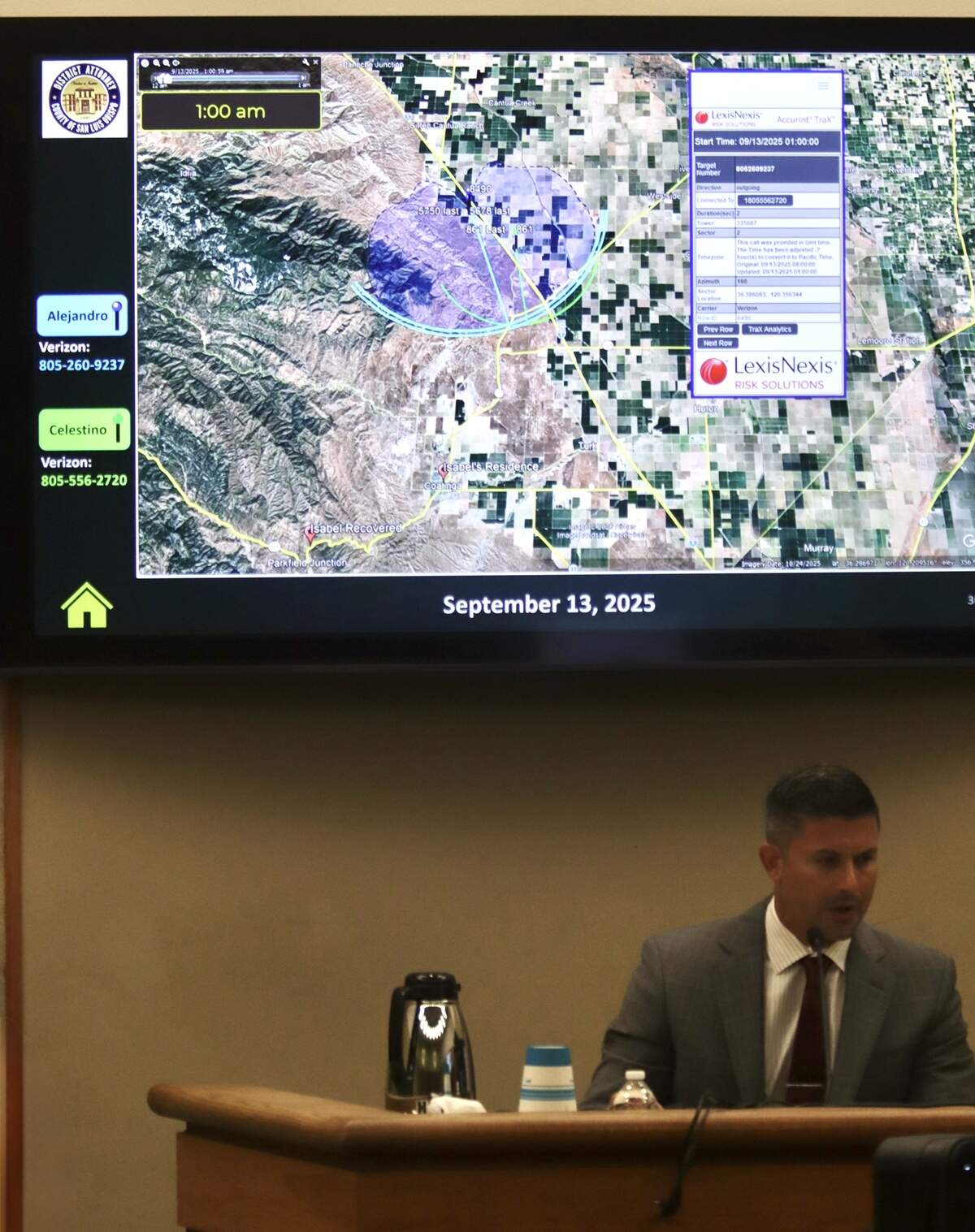 Trevor Buchanan, a member of LexisNexis’ geolocation investigative team, gives a PowerPoint presentation in the San Luis Obispo County Superior Court on June 26 and 29, 2026, on how the exact location of suspects’ cellphones can be tracked by triangulating the signal within “cell sites,” which are the areas between the cell towers of each cell provider. The evidence was presented during the preliminary hearing of Alejandro and Celestino Soriano Ortiz, who are charged in connection to the murder of Isabel Lucas Velasco.