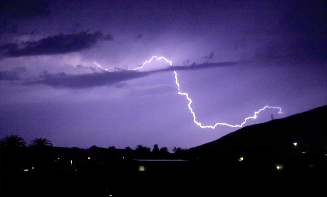 Lightning seen from Vicente Drive in San Luis Obispo on Sept. 23, 2025. A thunderstorm passed through the area overnight, bringing with it rain, wind and lightning.