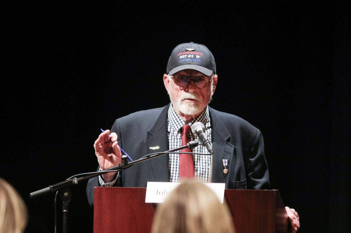John Whitworth, who’s running to represent District 2 on the San Luis Obispo County Board of Supervisors, speaks during a debate at Cuesta College’s Cultural and Performing Arts Center on Tuesday, April 19, 2022.
