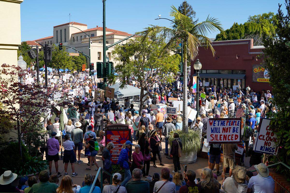 Protesters take to the streets during the No Kings protest in San Luis Obispo on Saturday, March 28, 2026. Organizers estimated around 2,500 people attended the San Luis Obispo protest, with more in Atascadero, Cambria and Grover Beach.