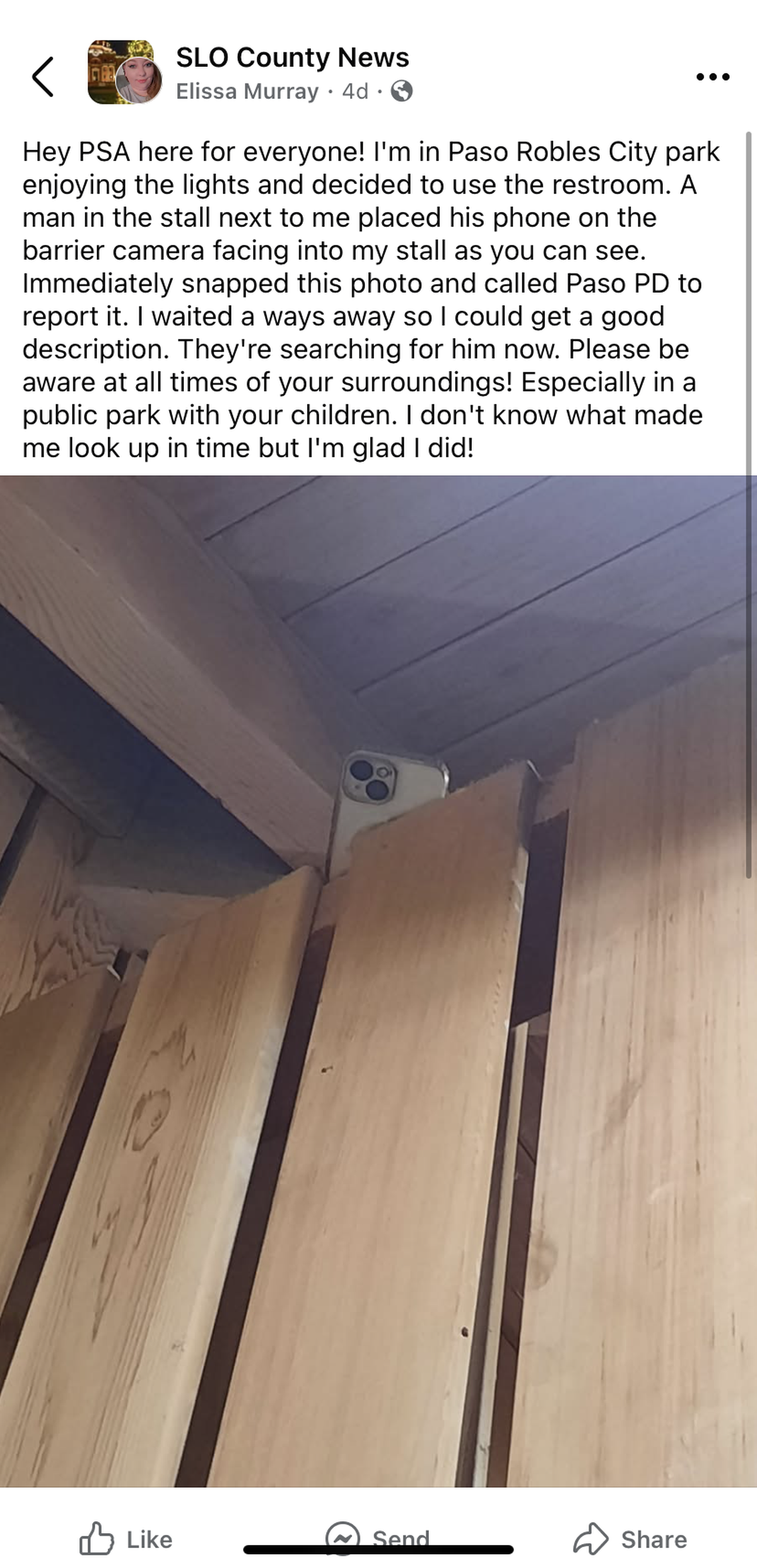 An individual was reported to police last week for allegedly directing their phone camera into a stall in a public restroom in Paso Robles.