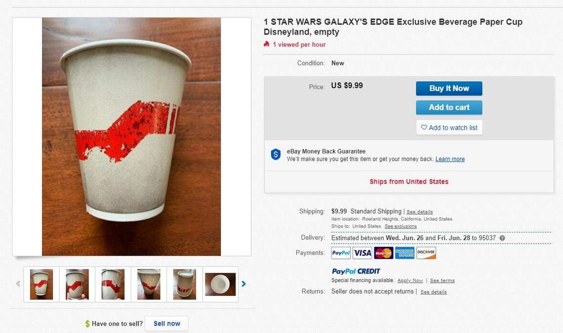 Listings for empty Blue Milk cups from Disneyland’s new Star Wars: Galaxy’s Edge land are available on Ebay.