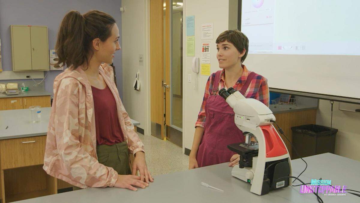 Cal Poly professor and soil ecologist Yamina Pressler, right, appears in a scene from an episode of CBS’s “Mission Unstoppable with Miranda Cosgrove,” airing on Saturday, Aug. 29, 2020.