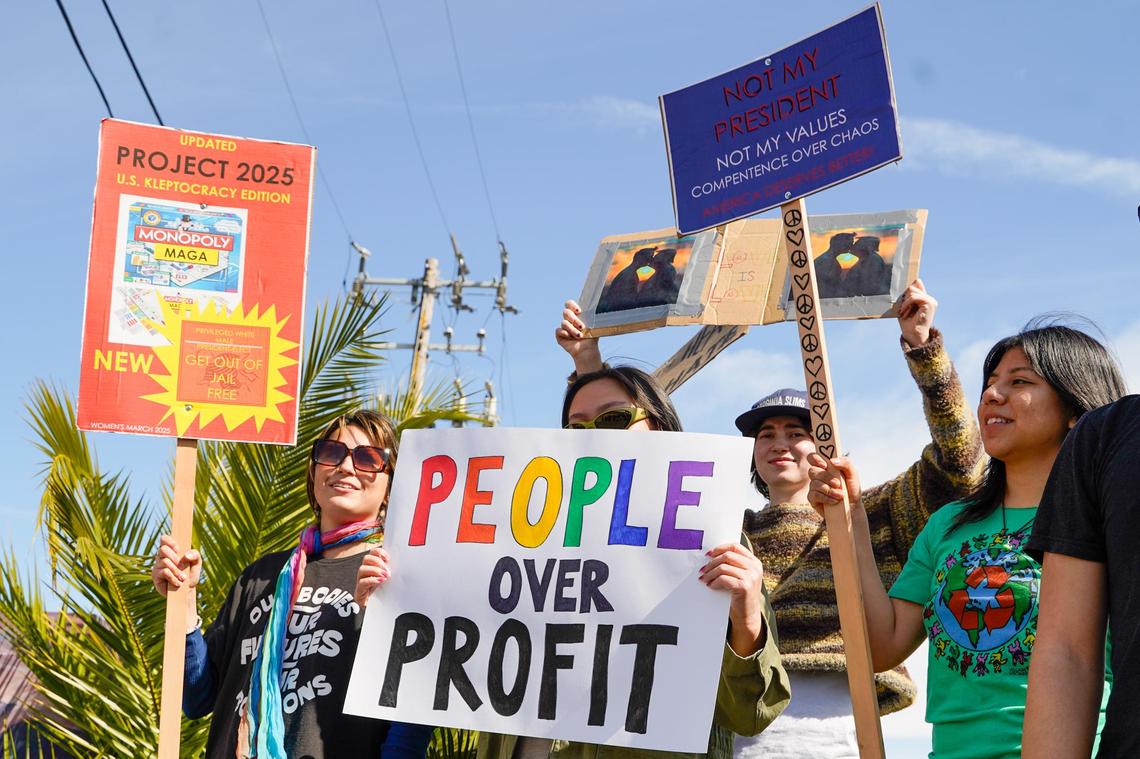 Many protesters who attended a demonstration on Los Osos Valley Road Monday, Feb. 17, 2025, against the second Donald Trump administration said they were concerned with the role of Elon Musk and his newly formed Department of Governmental Efficiency. Many called Trump and Musk fascists for their persecution of immigrants, transgender Americans and other minorities.