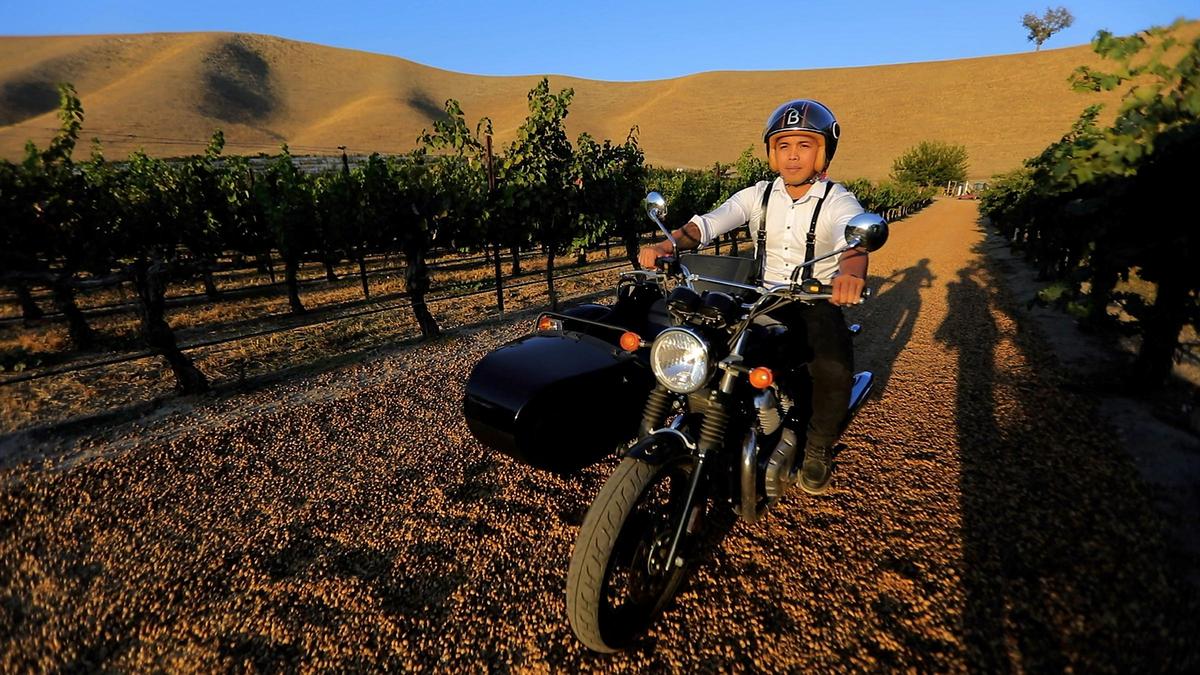 Third Wheel Tours, a new sidecar motorcycle wine tour, partners with Cass Winery in Paso Robles to take customers on tasting trips into the vineyard. Jaydy Gonzales, one of the owners, rides one of the company’s three motorcycles.