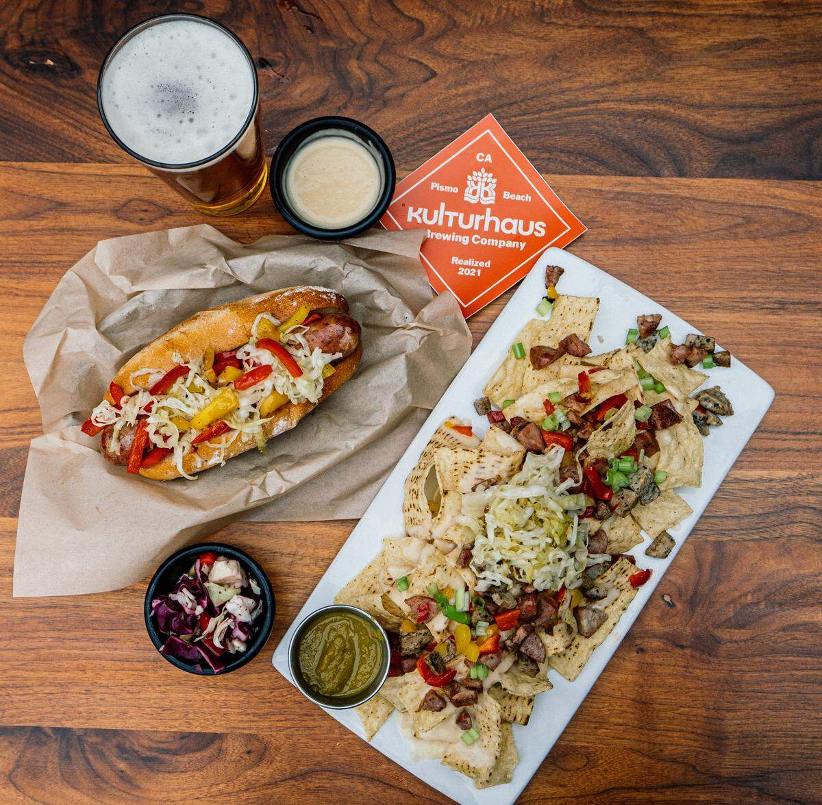 Kulturhaus Brewing Company serves German food and its house-made brews. The Pismo Beach brewery makes pickles and sauerkraut to serve alongside sausages by J&R Meats in Paso Robles and fresh buns and soft pretzels by Grover Beach Sourdough.