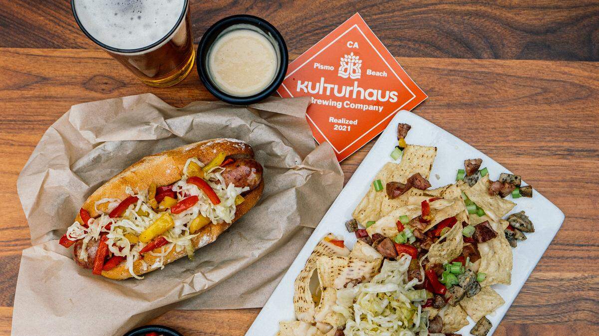 Kulturhaus Brewing Company serves German food and its house-made brews. The Pismo Beach brewery makes pickles and sauerkraut to serve alongside sausages by J&R Meats in Paso Robles and fresh buns and soft pretzels by Grover Beach Sourdough.