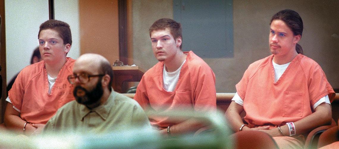 Joseph Fiorella, Jacob Delashmutt, and Royce Casey (each in orange) sit in San Luis Obispo Superior Court in January 1997. The three teens were each convicted of first degree murder in the slaying of 15-year-old Elyse Pahler and were sentenced to 25 and 26 years to life in prison.