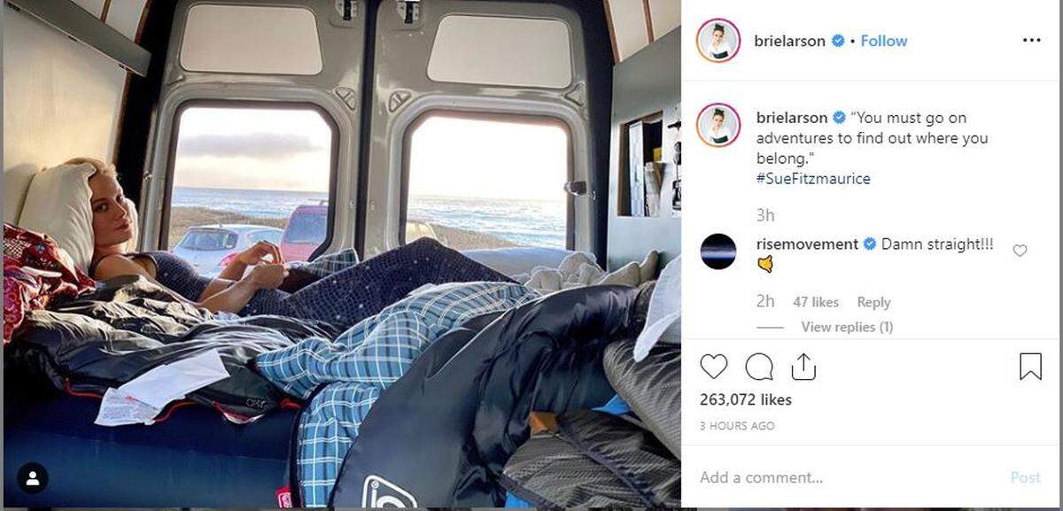 “Captain Marvel” star Brie Larson relaxes in her camper van during a trip to San Luis Obispo County. She shared photos and video of her visit on Instagram on Wednesday.