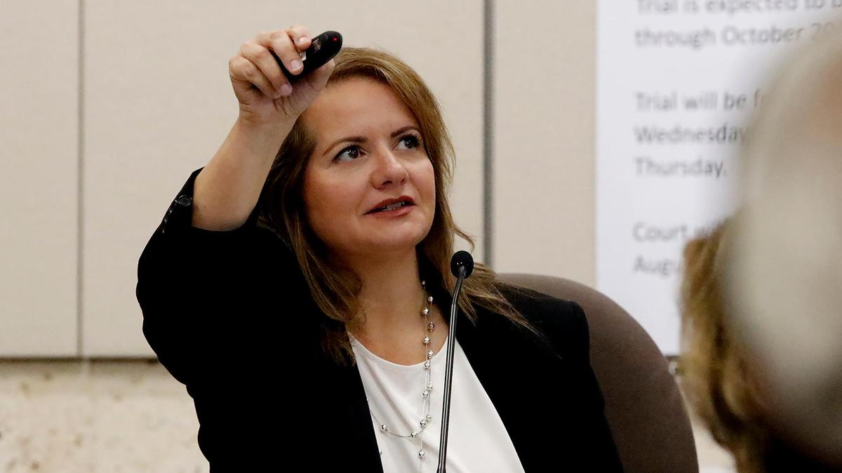 Forensic DNA analyst Angela Butler appears on the stand in Monterey County Superior Court in Salinas on Monday, Sept. 19, 2022, during the Kristin Smart murder trial.