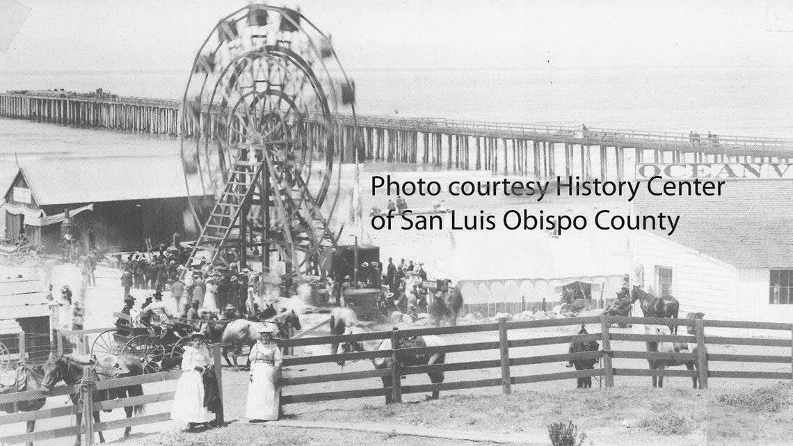 Photo taken in mid-1890s shows original Pismo Pier built for $14,613 a decade earlier. A Ferris wheel whirls in the foreground. Photo courtesy of History Center of San Luis Obispo County