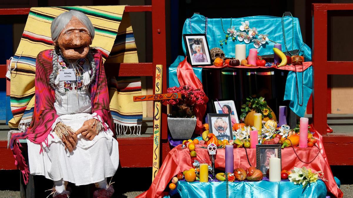 This Dia de Muertos-themed scarecrow display, located at Cambria’s Pinedorado Grounds, features an ofrenda, or, altar and Abuelita from the animated movie “Coco.” It was created by Terri for the Cambria Scarecrow Festival, which runs through the month of October 2021.