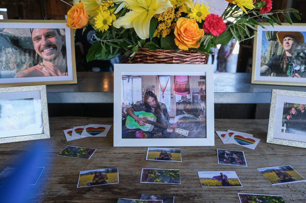 Photos of Todd Pinion are displayed at his memorial in Santa Margarita on Nov. 9, 2024. Pinion was killed in an alleged hate crime on Oct. 23, 2024. 