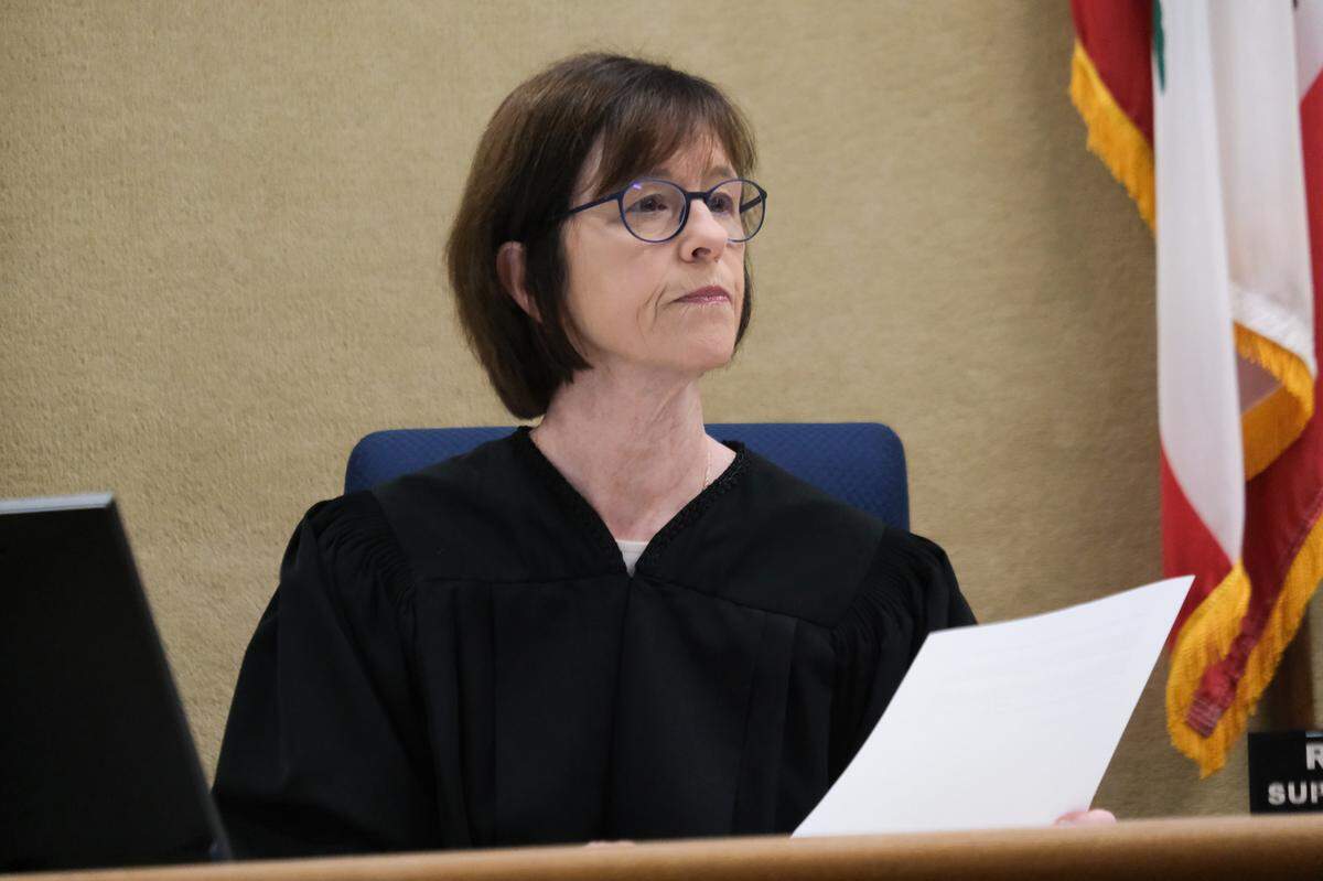 San Luis Obispo Superior Court Judge Rita Federman listens to attorneys during a hearing in the case against Fallyn Rollins in San Luis Obispo Superior Court on Feb. 24, 2025. Rollins, a former probation officer, was accused of embezzling money from the Probation Department units while serving as treasurer.