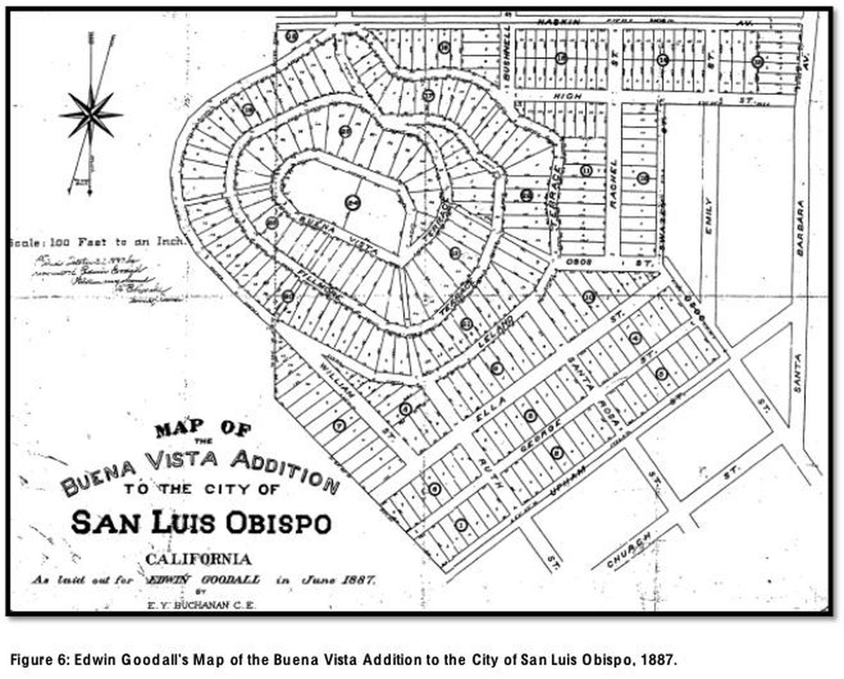 An 1887 map by developer Edwin Goodall for the Buena Vista addition to San Luis Obispo including Terrace Hill. The rings of development on the hilltop were never completed. The arrival of the Southern Pacific Railroad in 1894 would change the map and make development less desirable.