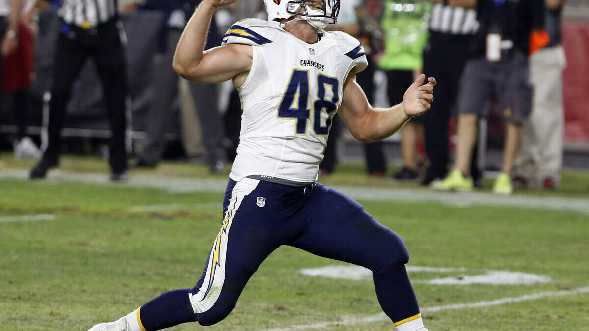 San Diego Chargers linebacker Nick Dzubnar celebrates after getting a quarterback sack against the Arizona Cardinals on Thursday in the final preseason game for both teams.