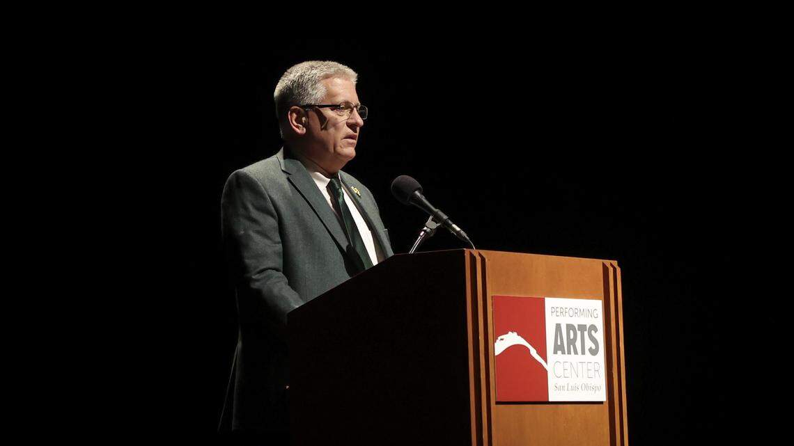 Cal Poly President Jeffrey Armstrong offered a welcome and introduction on behalf of the university and said the evening would be “learn by listening” a variation of the campus motto of “learn by doing.” Sora Vigorito is the youngest known survivor of the Nazi torture and experiments inflicted on twins at Auschwitz. She spoke at Cal Poly Jan. 14, 2026.