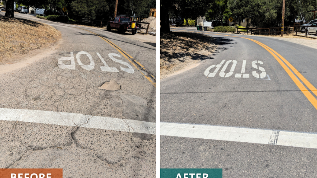 These photos show Dolores Avenue at San Jacinto Avenue before and after rehabilitation. The work was funded with sales tax revenue from Measure F-14. Passage of Measure L-24 on the November ballot would extend the tax to allow road work to continue.