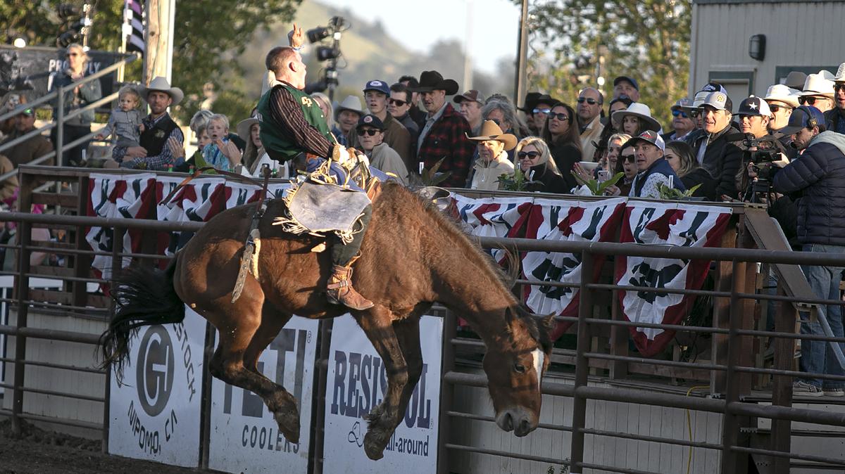Cal Poly Rodeo Team member Wyatt Wood competes in the bareback riding event at the Poly Royal Rodeo on Saturday, April 15, 2023, which he went on to win. The 81st annual Poly Royal Rodeo was held Friday and Saturday, April 14 and 15, 2023, at the Cotton Rosser Rodeo Complex in San Luis Obispo.