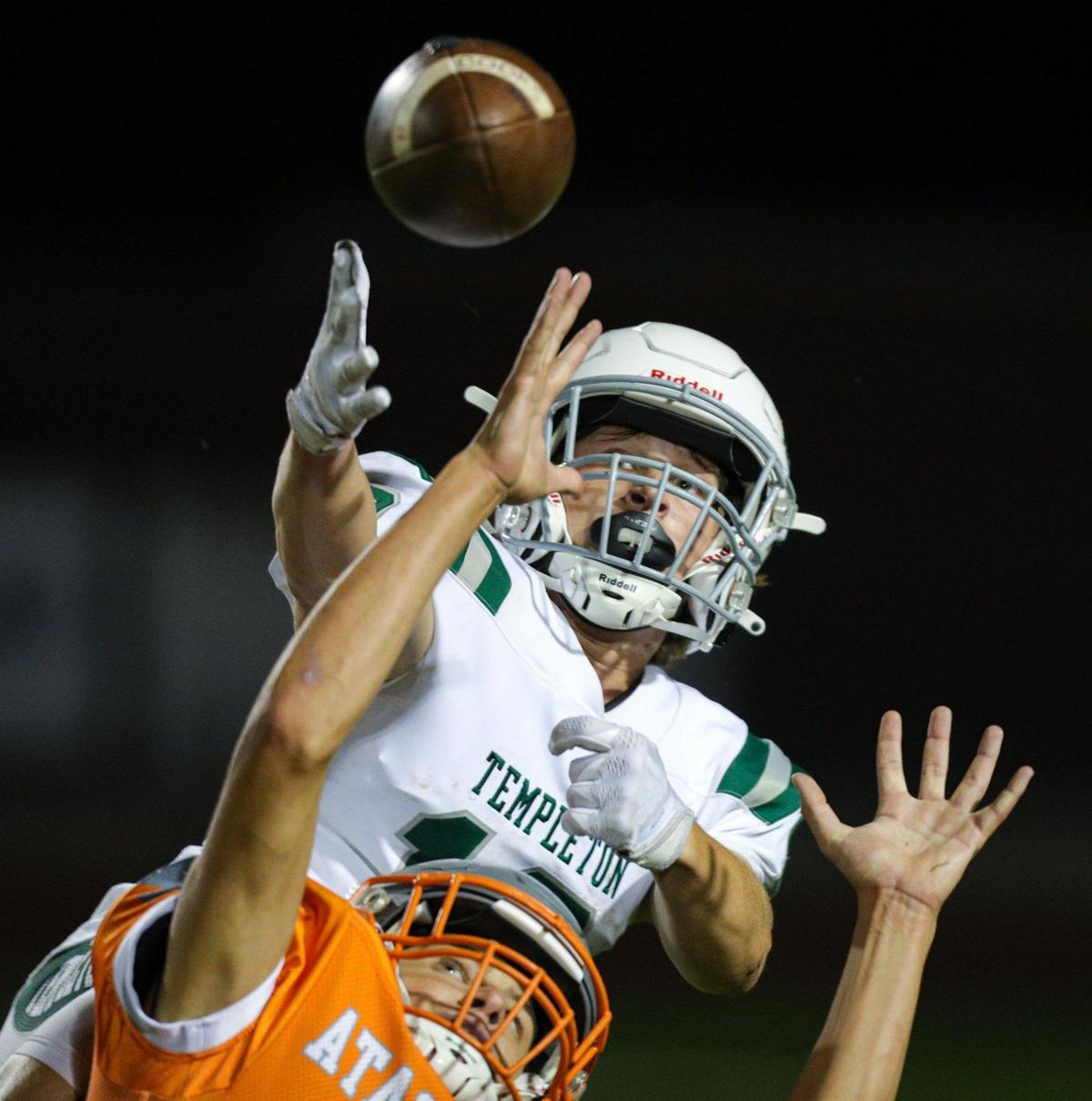 Mason Degnan of Atascadero battles with Daxton Calagna of Templeton for a pass that ultimately fell incomplete. The Atascadero Greyhounds beat the Templeton Eagles 27-21. Atascadero high School hosted Templeton in Ocean League football on Oct. 7, 2022.