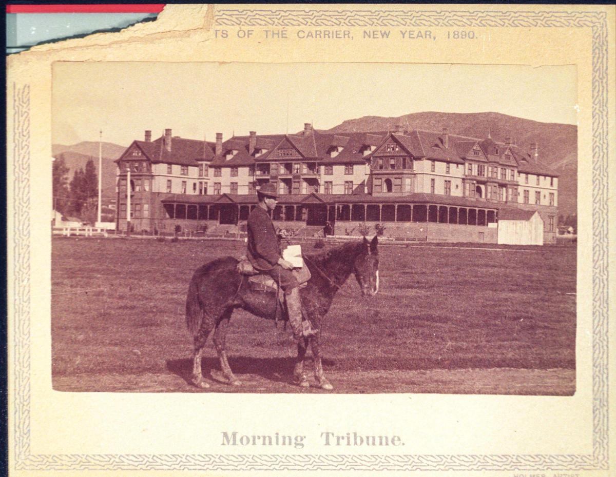 San Luis Obispo County History Center says Ed Carpenter is on horseback delivering the Morning Tribune in front of the Ramona Hotel. The newspaper made souvenir postcards in 1890 of carriers delivering the paper. The short lived luxury hotel was between Johnson, Higuera and Marsh streets from 1888 until it burned down in 1905. “Poly T-T Antique” 7-29-1994 copy negatives by Wayne Nicholls.