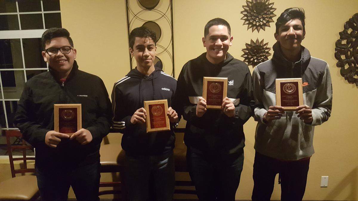 Soccer coach Jack Mettier has honored his outstanding players. From left: Cesar Chavez (”Most Improved”); Diego Hernandez (”Co-MVP”)’ Cesar Hernandez (”Co-MVP”)’ and Cristian Castillo (”Coach’s Award”).